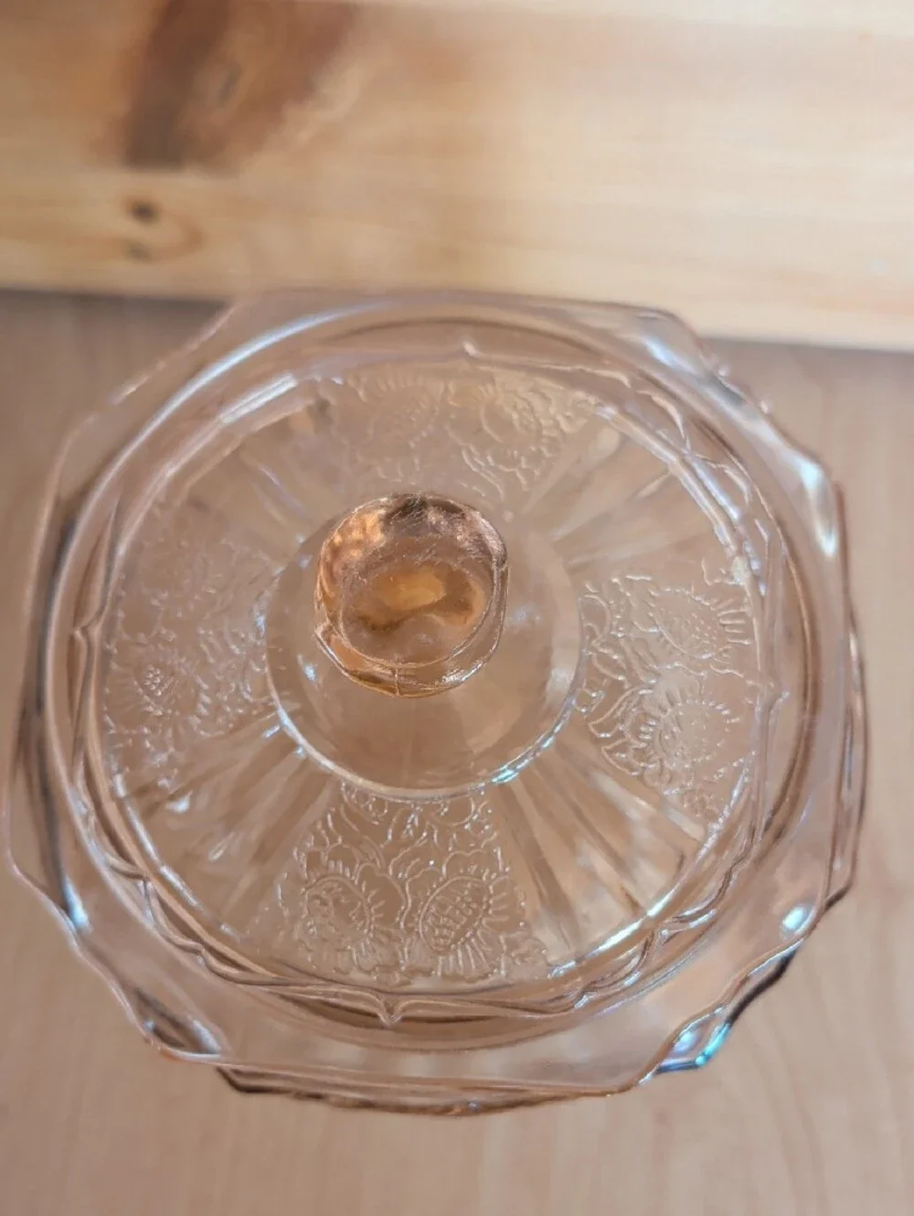 VTG. Pink Pressed Glass Cookie Jar with Lid and Floral Motif.